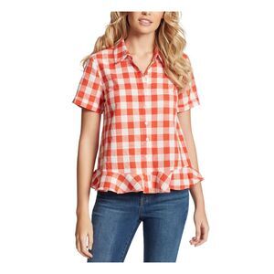 JESSICA SIMPSON Womens Top Button Up Coral Short Sleeve Plaid Juniors XS